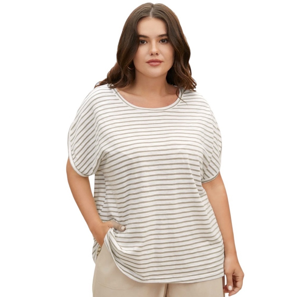 Bloomchic 6X Tshirt Womens Size 30 Stripe Cotton Neutral Petal Short Sleeve